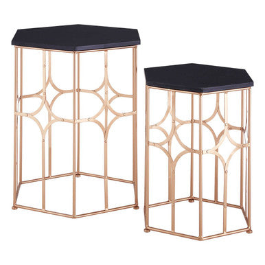 Rose Gold and Matt Black Set of 2 Hexagonal Side Tables