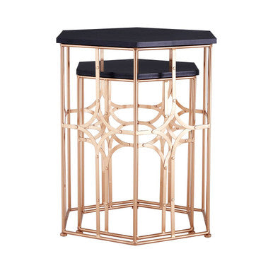 Rose Gold and Matt Black Set of 2 Hexagonal Side Tables