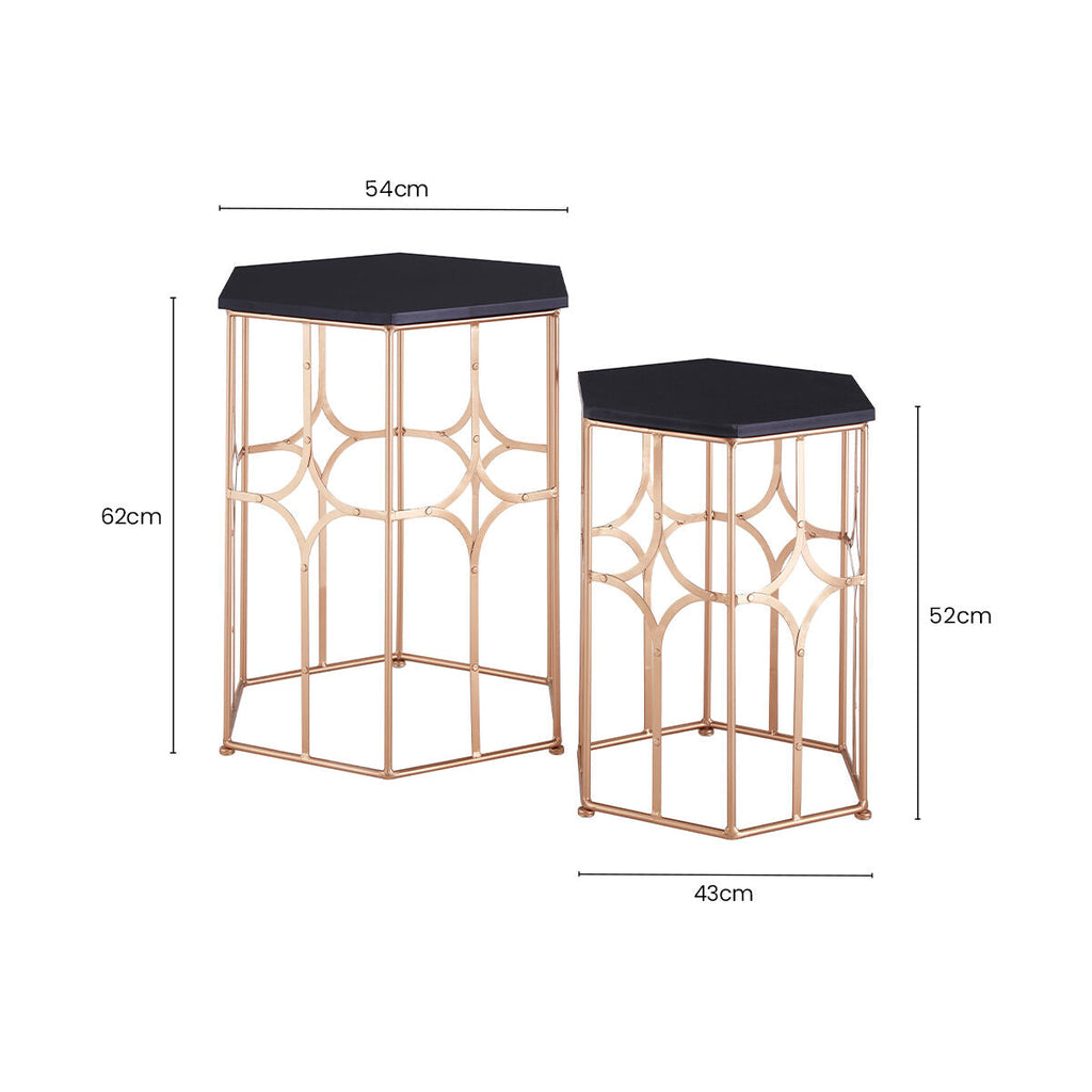 Rose Gold and Matt Black Set of 2 Hexagonal Side Tables