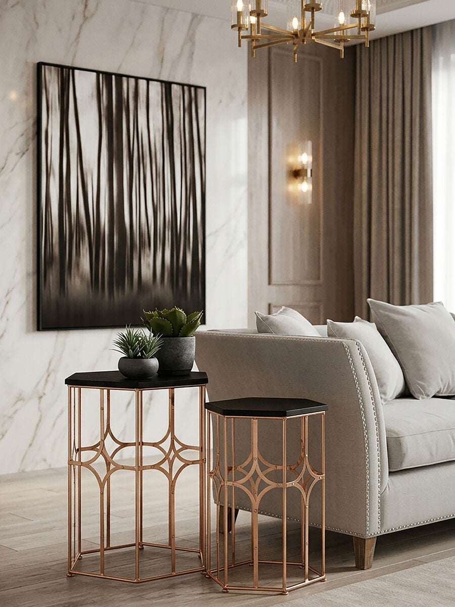 Rose Gold and Matt Black Set of 2 Hexagonal Side Tables