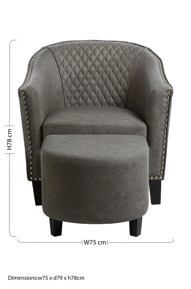 Grey Leather Effect Tub Chair and Footstool Set