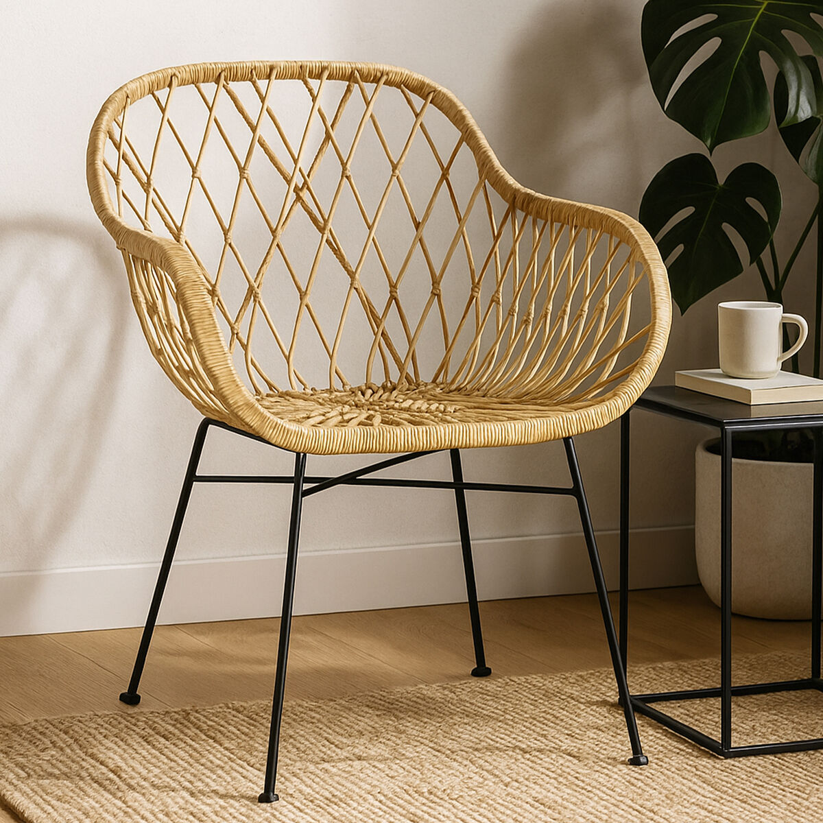 Natural Rattan Chair with Geometric Lattice Design