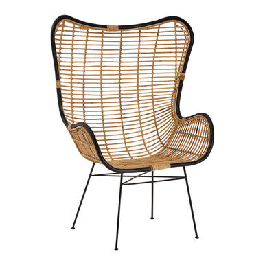 Natural Rattan Wingback Chair with Black Metal Frame