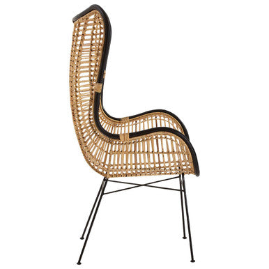 Natural Rattan Wingback Chair with Black Metal Frame