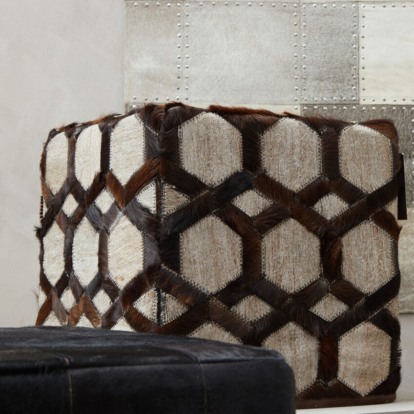 Genuine Grey Leather Patchwork Pouffe
