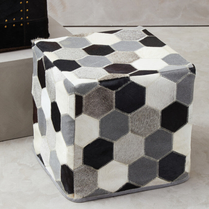 Cowhide Leather Patchwork Pouffe
