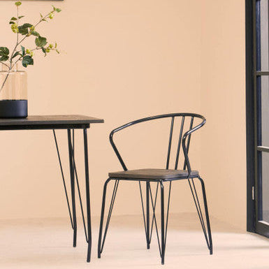 Black Metal and Elm Wood Armchair with Hairpin Legs
