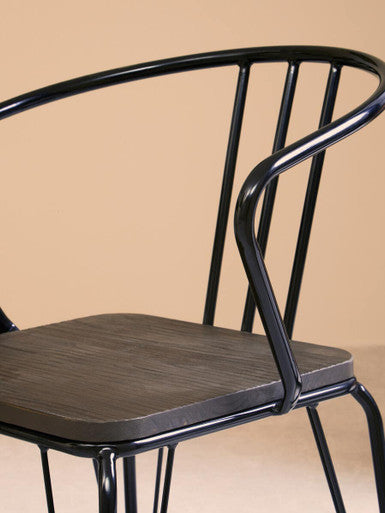 Black Metal and Elm Wood Armchair with Hairpin Legs