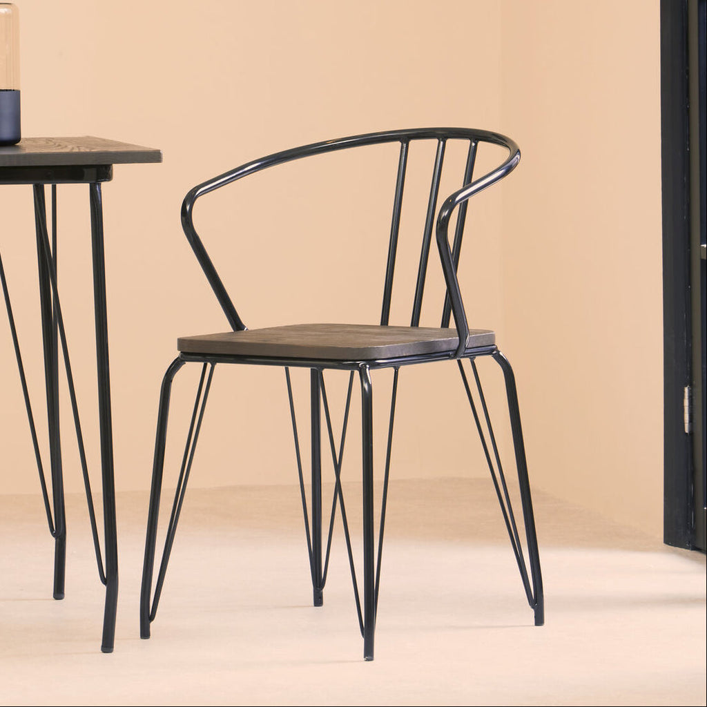 Black Metal and Elm Wood Armchair with Hairpin Legs