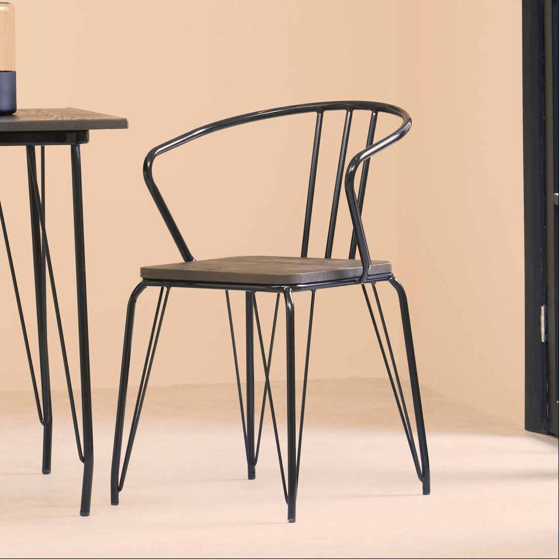 Black Metal and Elm Wood Armchair with Hairpin Legs