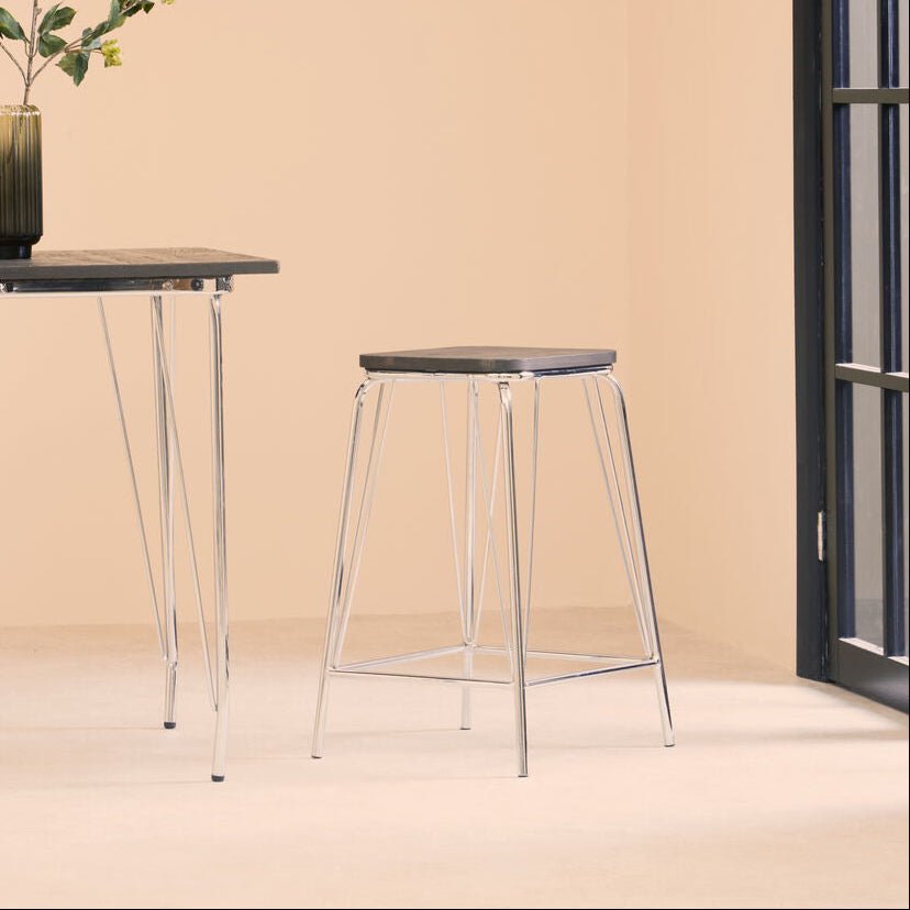 Wooden Square Stool with Chrome Finish Frame