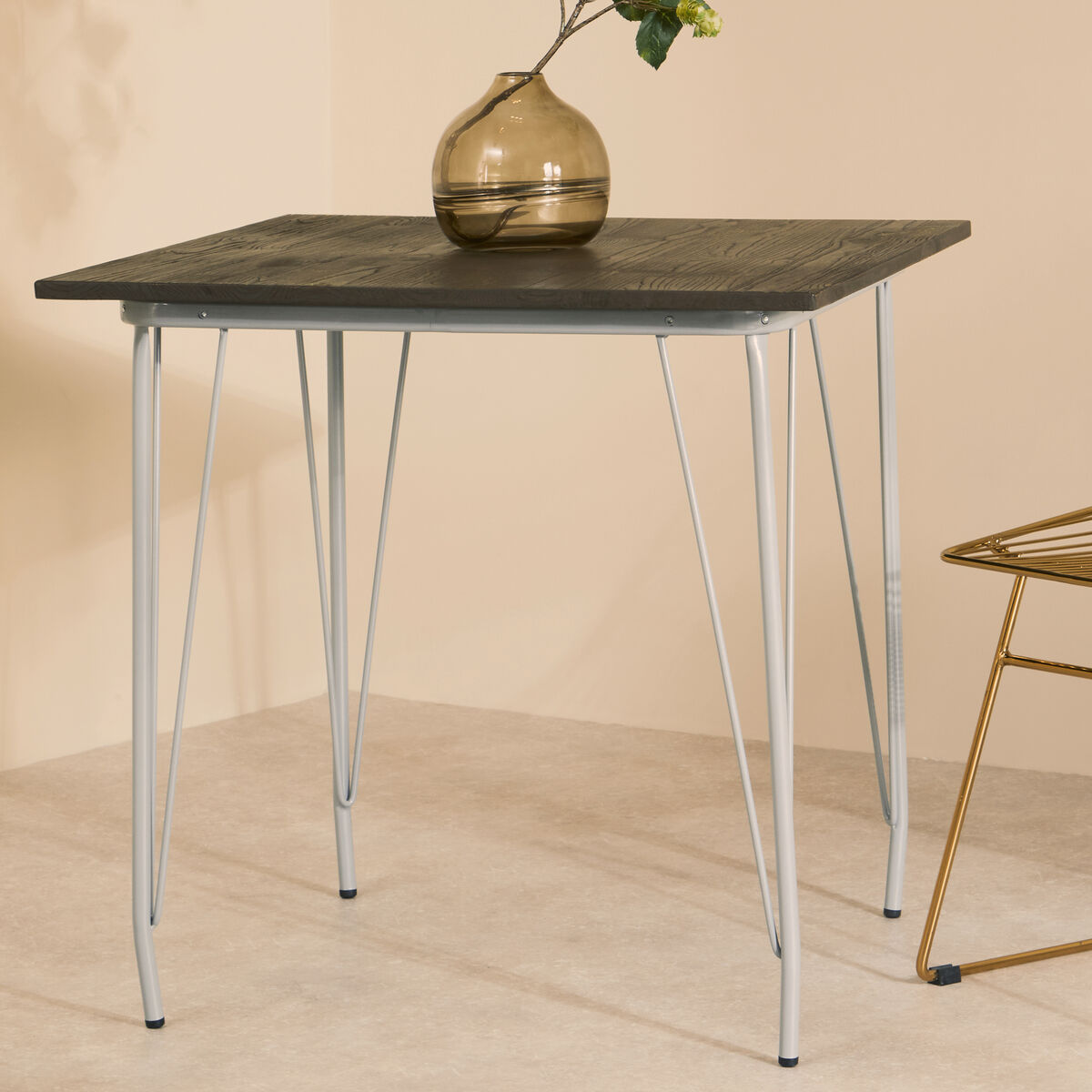 Grey Metal Legs and Brown Elm Wood Top Dining Table