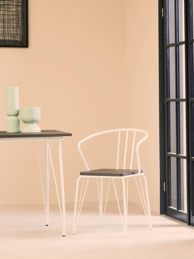 White Metal Legs and Brown Elm Wood Top Square Dining Table