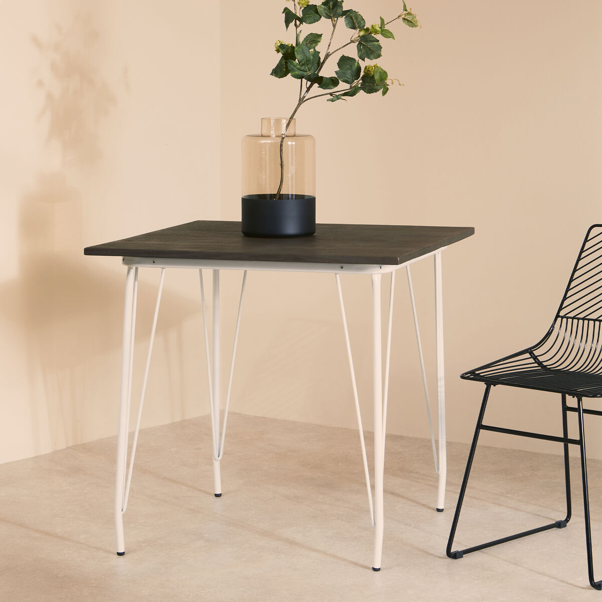 White Metal Legs and Brown Elm Wood Top Square Dining Table