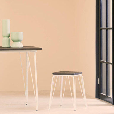 Dark Elm Wood and White Metal Stool