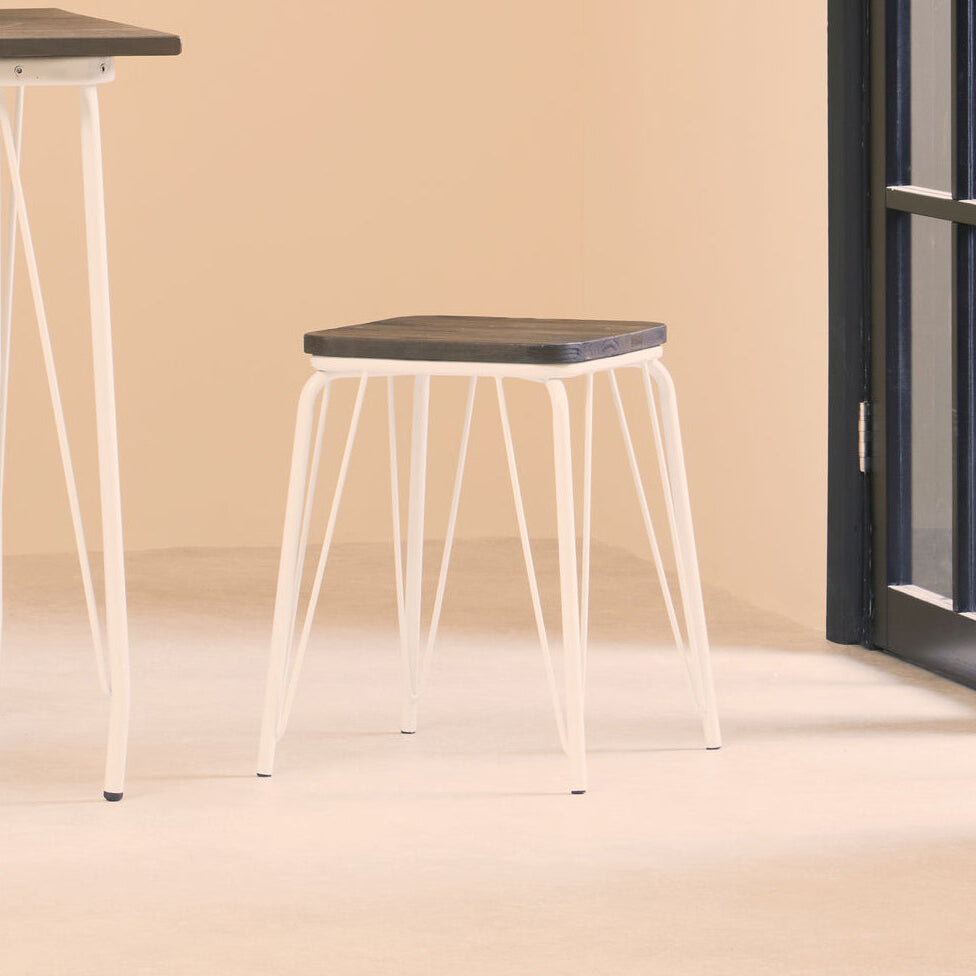 Dark Elm Wood and White Metal Stool