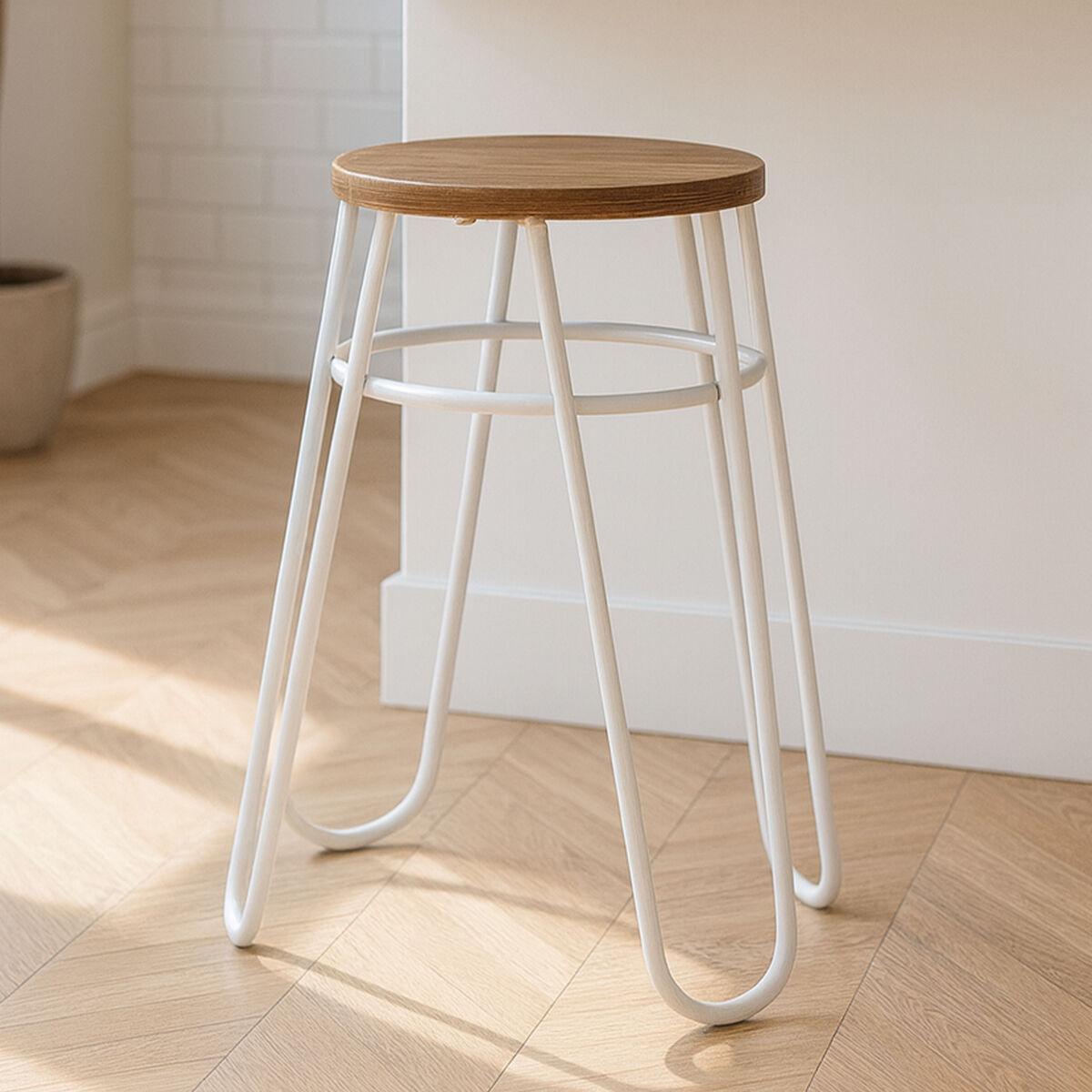 Wooden Stool with Grey Finish Hairpin Legs