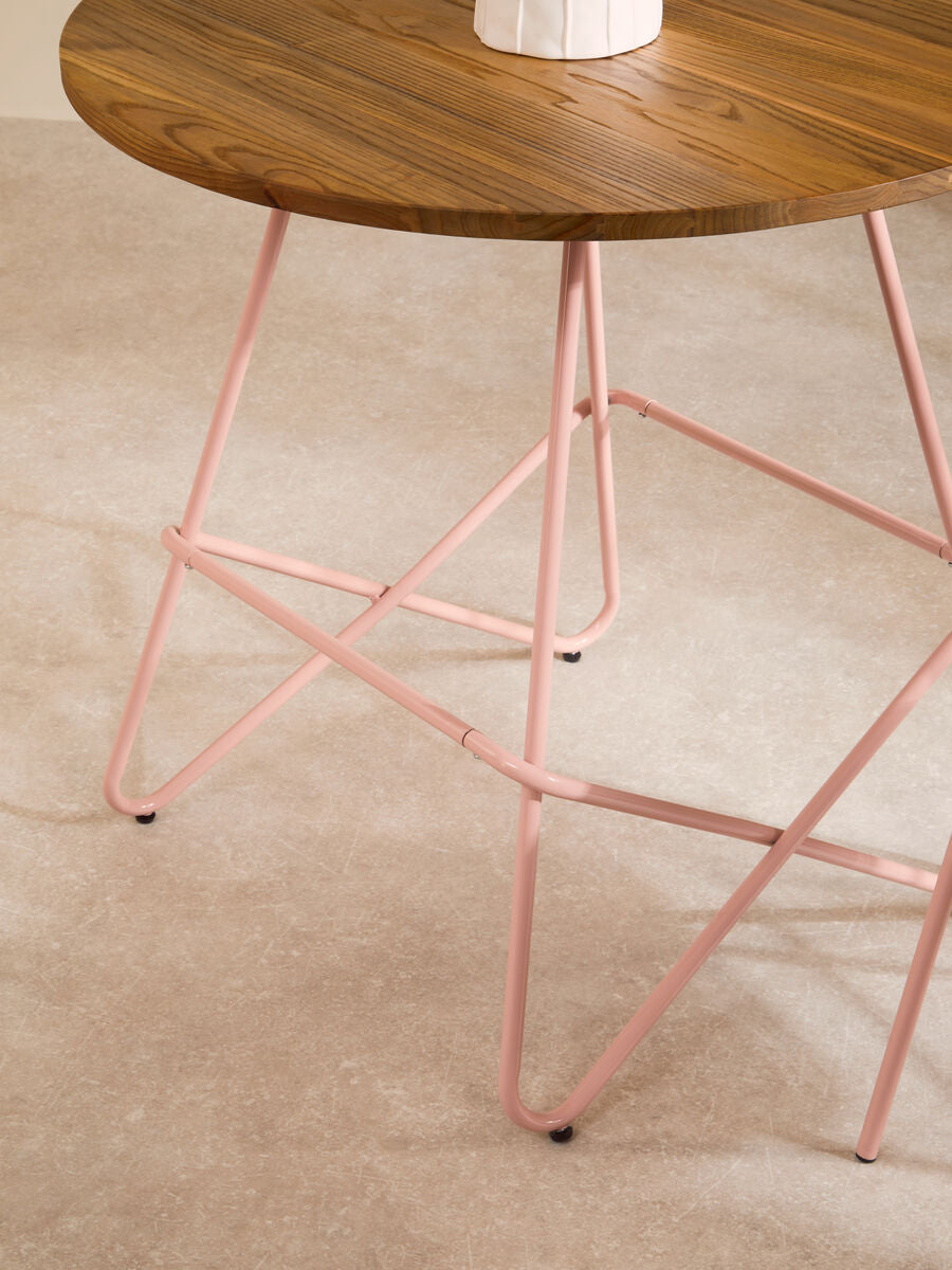Pink Metal Legs and Natural Elm Wood Top Round Dining Table