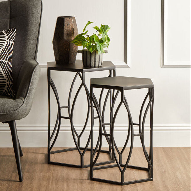 Black Finish Set of 2 Hourglass Side Tables