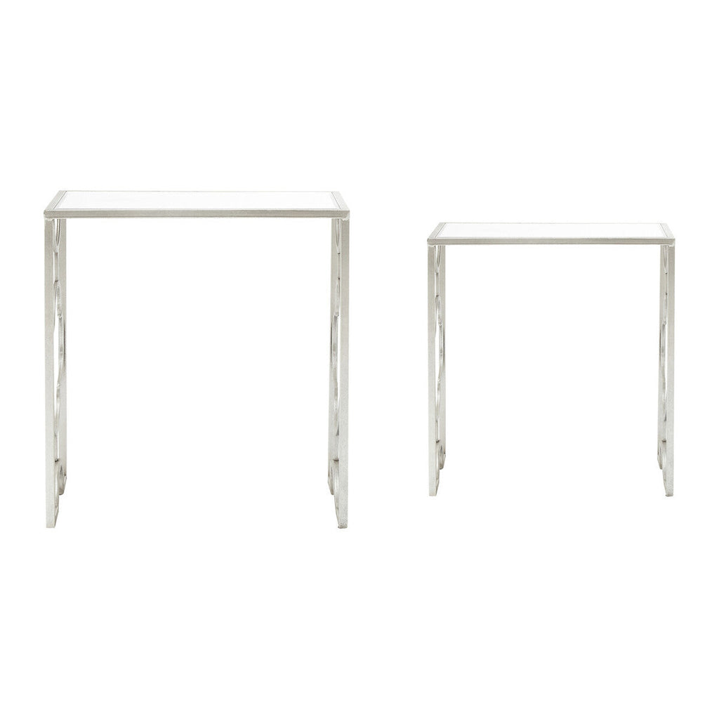 Silver Finish Set of 2 Side Tables with Mirrored Tops