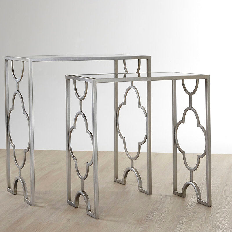 Silver Finish Set of 2 Side Tables with Mirrored Tops