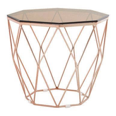 Amber Glass and Rose Gold Finish Hexagonal Side Table
