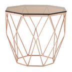 Amber Glass and Rose Gold Finish Hexagonal Side Table