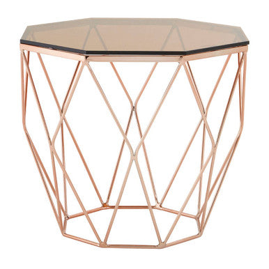 Amber Glass and Rose Gold Finish Hexagonal Side Table