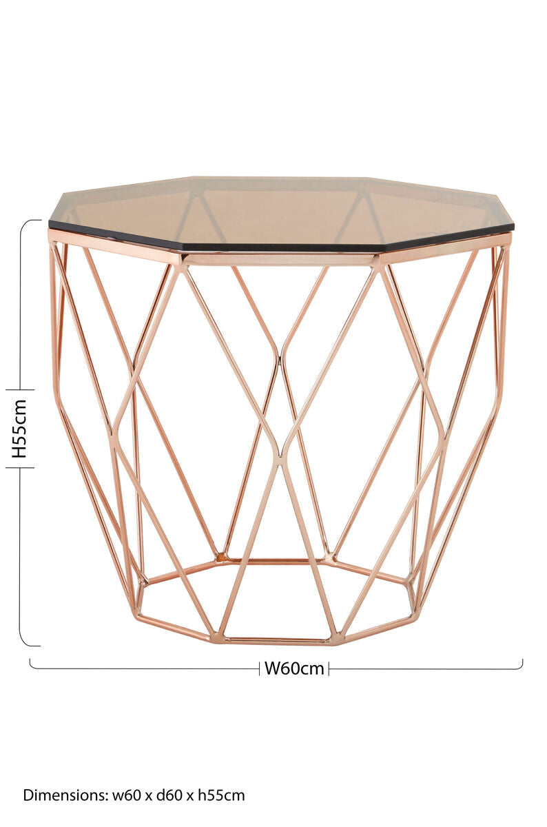Amber Glass and Rose Gold Finish Hexagonal Side Table