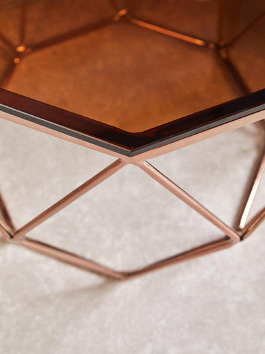 Amber Glass and Rose Gold Finish Hexagonal Side Table