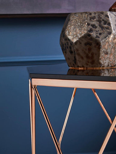 Amber Glass and Rose Gold Finish Hexagonal Side Table