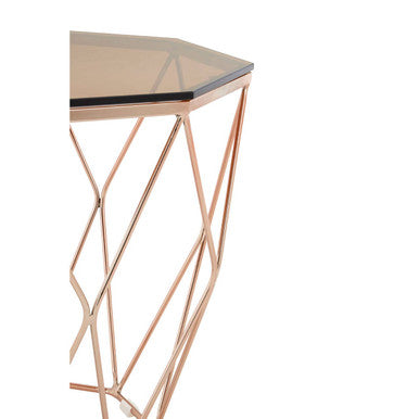 Amber Glass and Rose Gold Finish Hexagonal Side Table