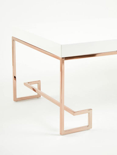 White High Gloss Coffee Table with Rose Gold Finish Legs