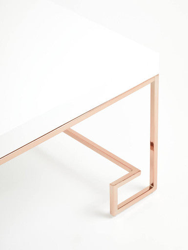 White High Gloss Coffee Table with Rose Gold Finish Legs