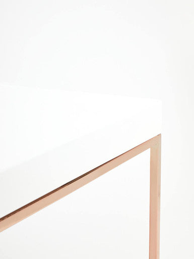 White High Gloss Coffee Table with Rose Gold Finish Legs