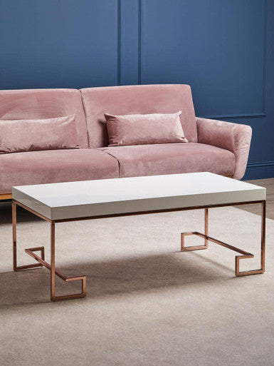 White High Gloss Coffee Table with Rose Gold Finish Legs