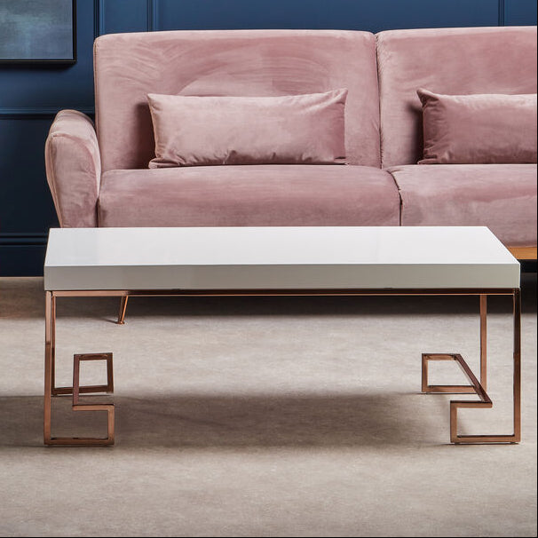 White High Gloss Coffee Table with Rose Gold Finish Legs