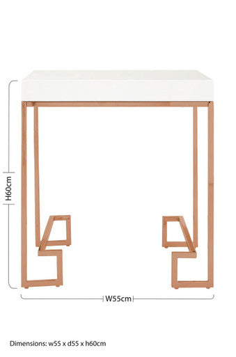 White High Gloss Side Table with Rose Gold Finish Legs