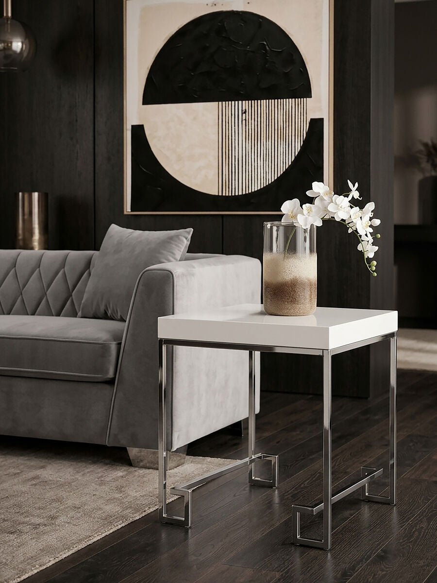 White High Gloss Side Table with Chrome Finish Legs