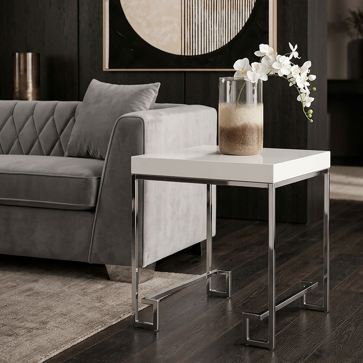 White High Gloss Side Table with Chrome Finish Legs