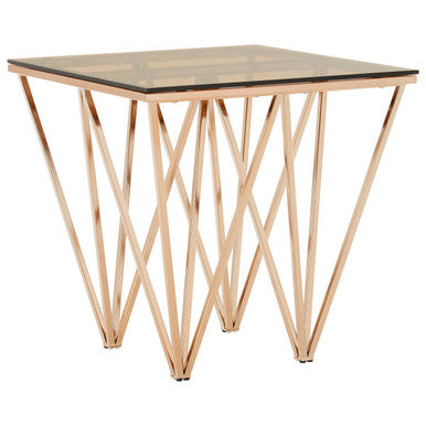 Amber Glass Side Table with Rose Gold Finish Base