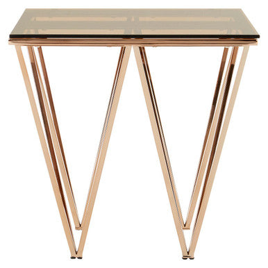 Amber Glass Side Table with Rose Gold Finish Base