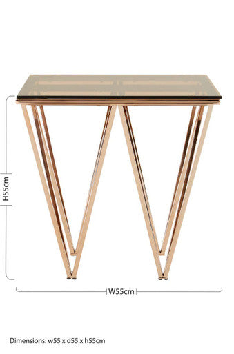 Amber Glass Side Table with Rose Gold Finish Base