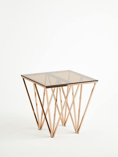 Amber Glass Side Table with Rose Gold Finish Base