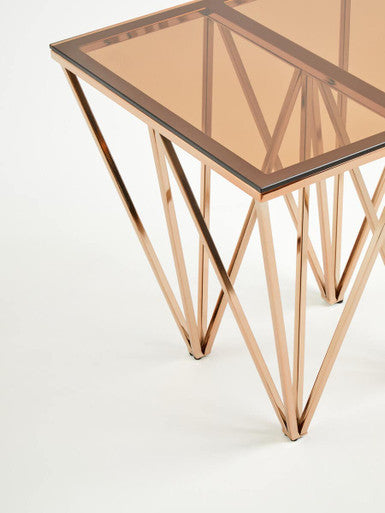 Amber Glass Side Table with Rose Gold Finish Base