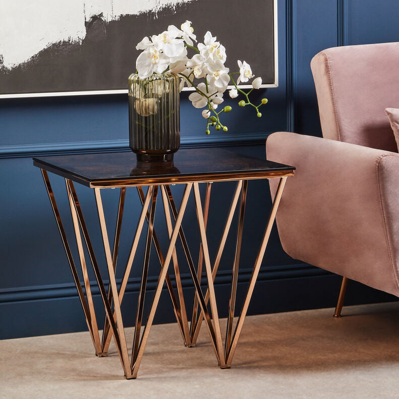 Amber Glass Side Table with Rose Gold Finish Base
