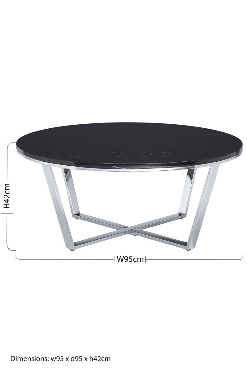 Black Marble Effect Round Coffee Table with Chrome Base
