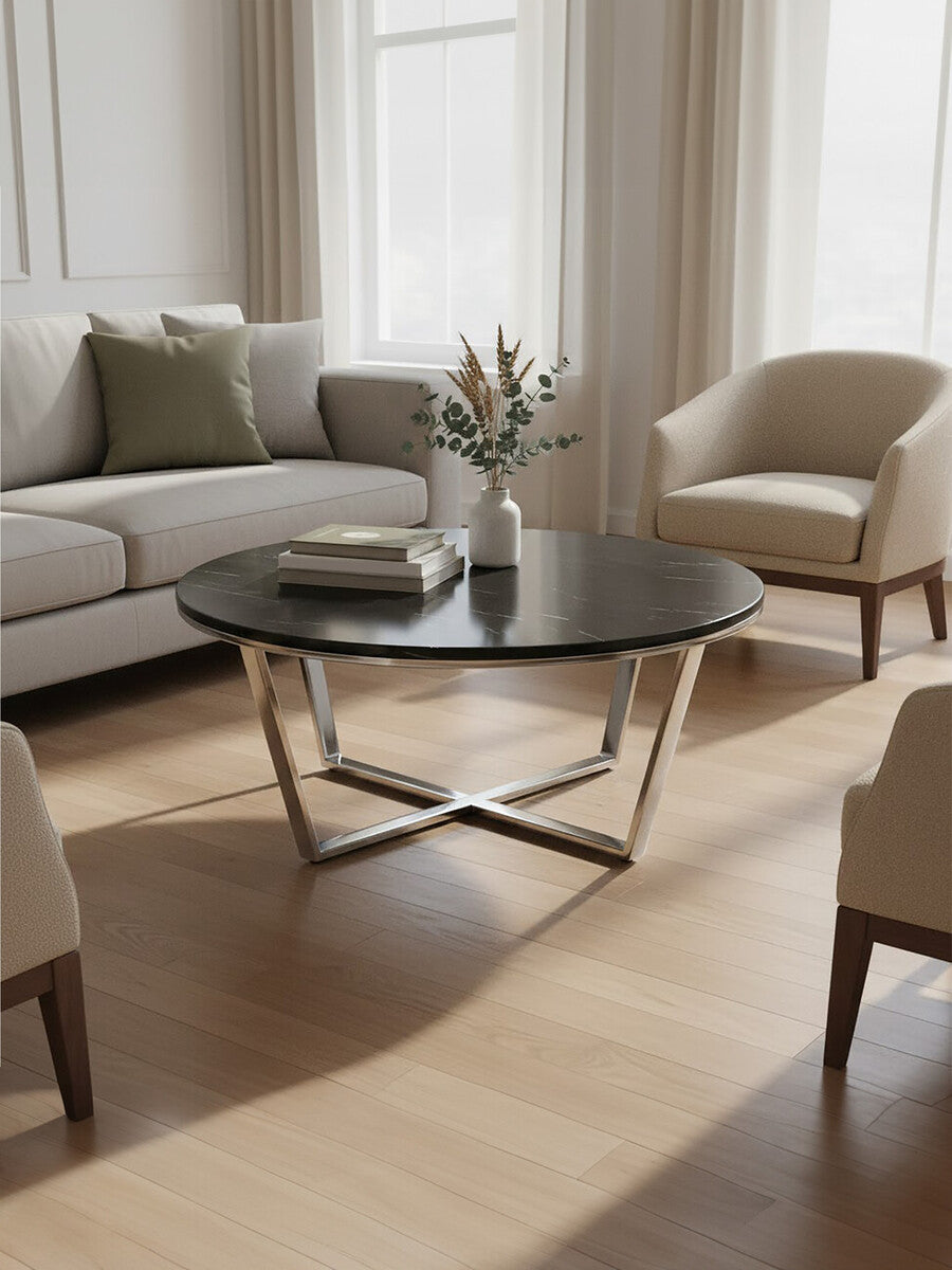 Black Marble Effect Round Coffee Table with Chrome Base