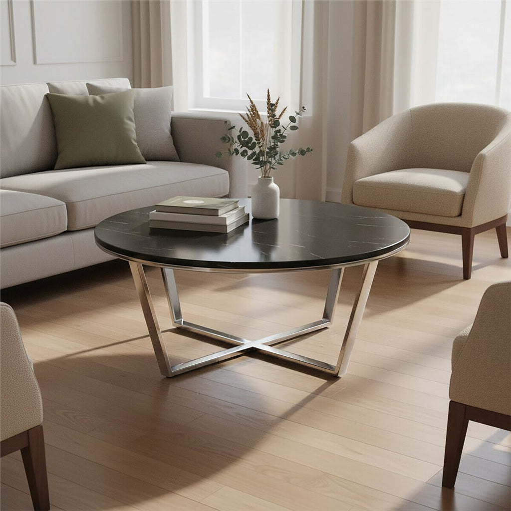 Black Marble Effect Round Coffee Table with Chrome Base