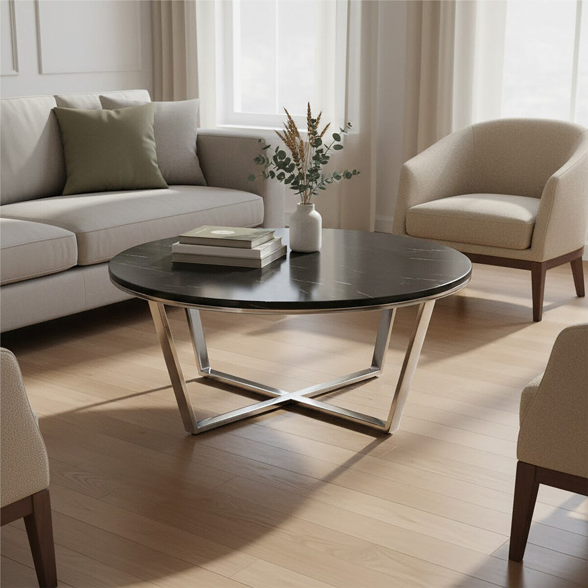 Black Marble Effect Round Coffee Table with Chrome Base
